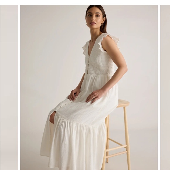 NWT Quince Organic Textured Cotton Smocked V-Neck Midi Dress Cottagecore - Picture 2 of 10